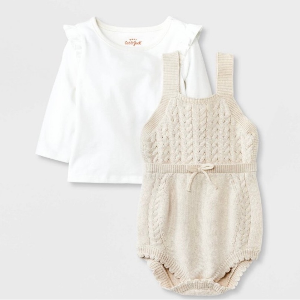 🆕 Baby Girls Cable Sweater Romper Bodysuit Set